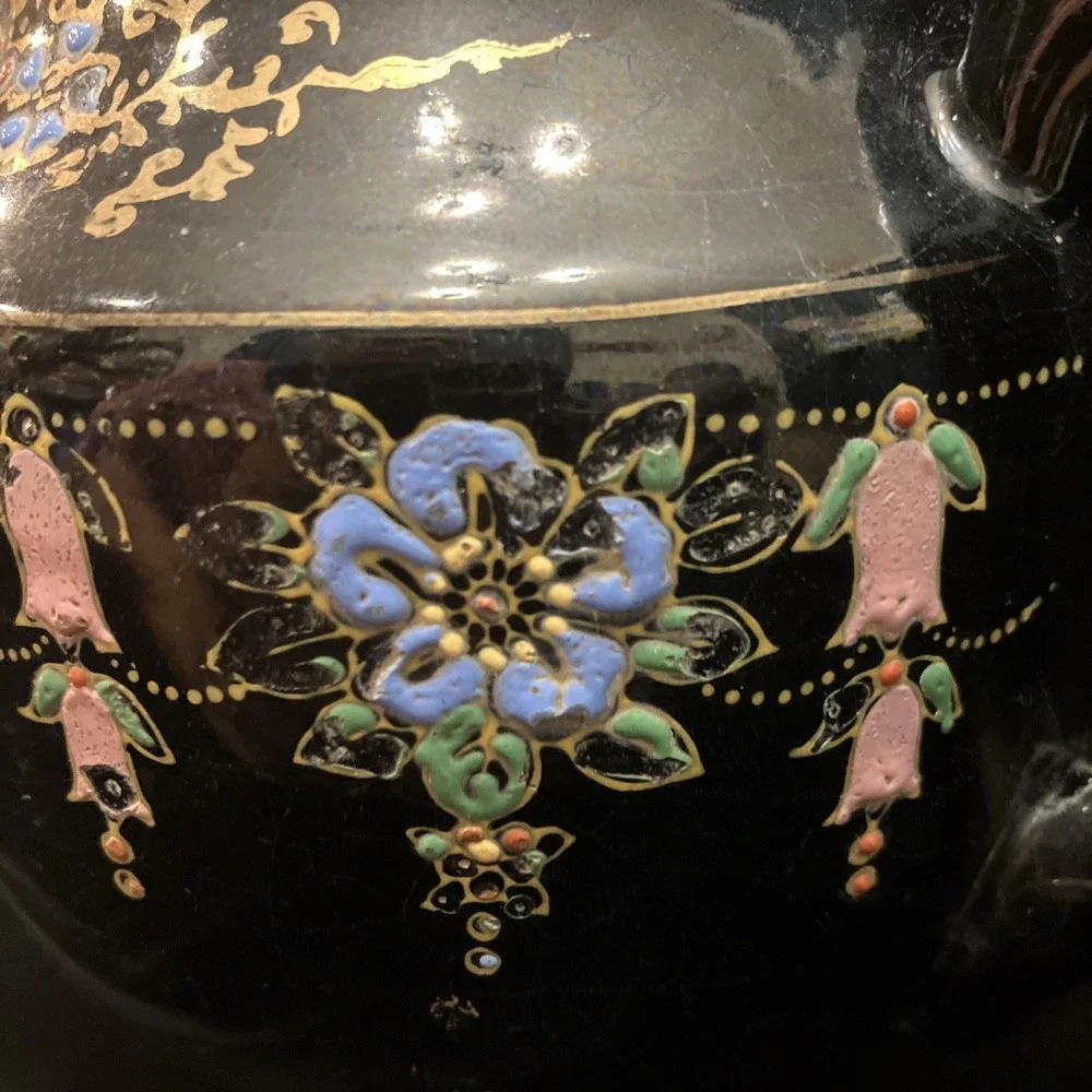 Hand Painted VTG Black Teapot Gold Trim Moriage Raised Dots Japan Glued Spout